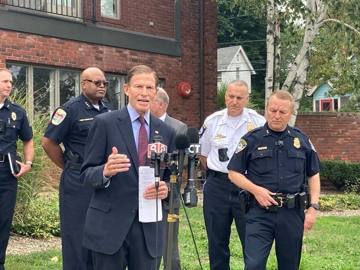 Blumenthal held a media availability following a private meeting with law enforcement officials to discuss the urgent need for more mental health support for first responders, as well as the need for trained professionals to help police respond to mental health crisis and domestic violence calls.